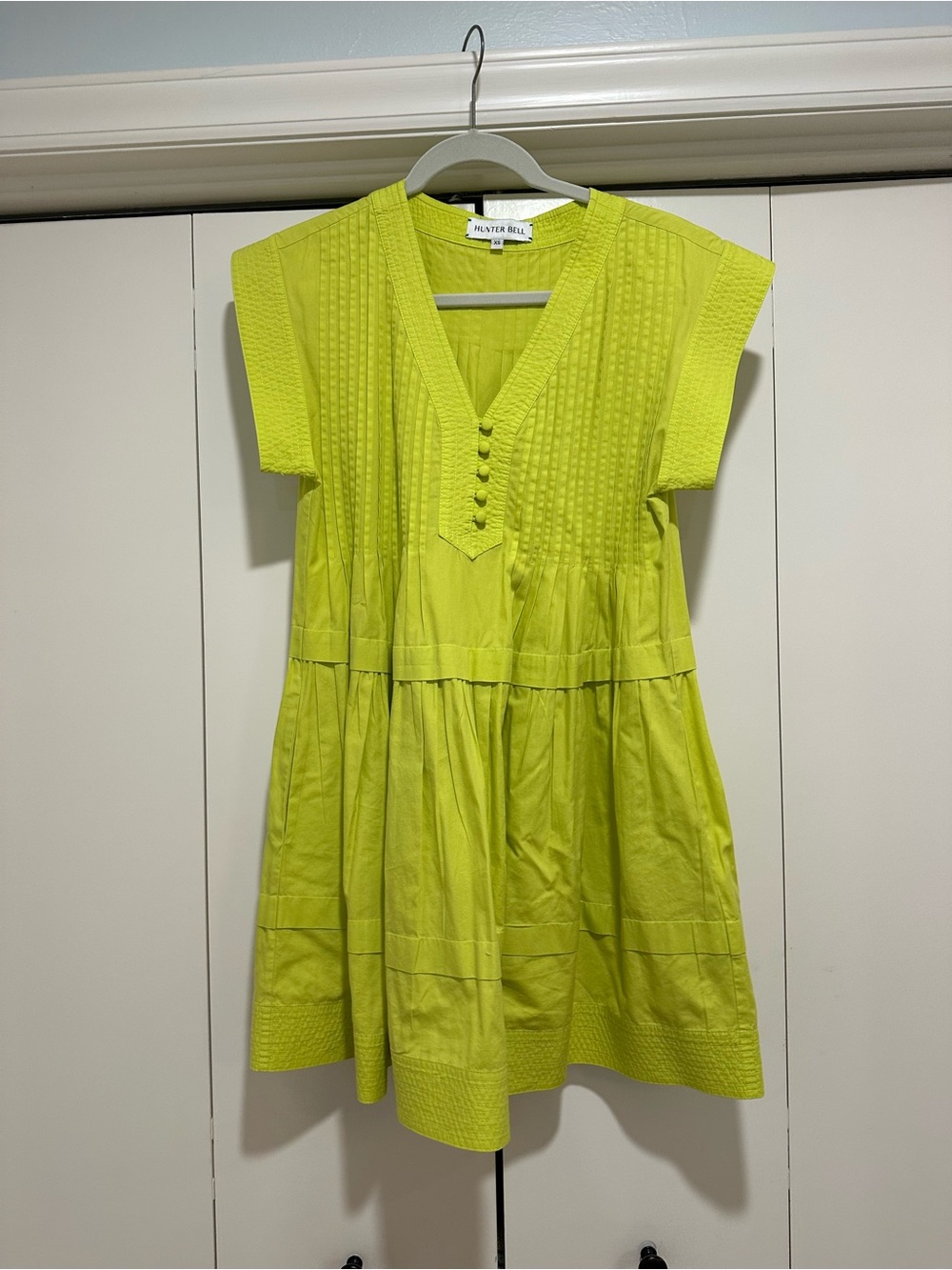 HUNTER BELL Neon Lime Pintuck V-Neck Tunic Dress